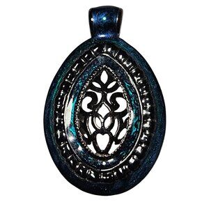 Vintage Intricately Designed Filigree Oval Metal Pendant Cutout Details Metallic